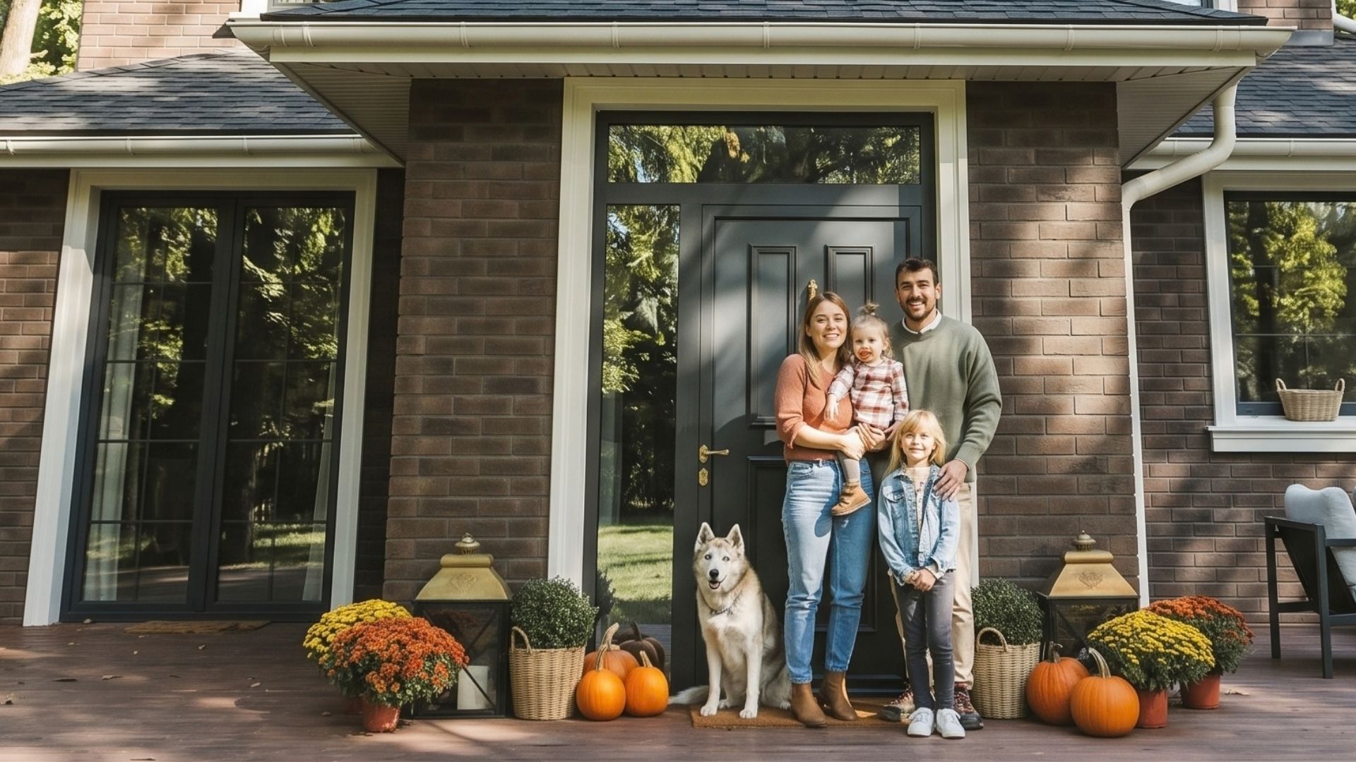 Happy family in front of their home